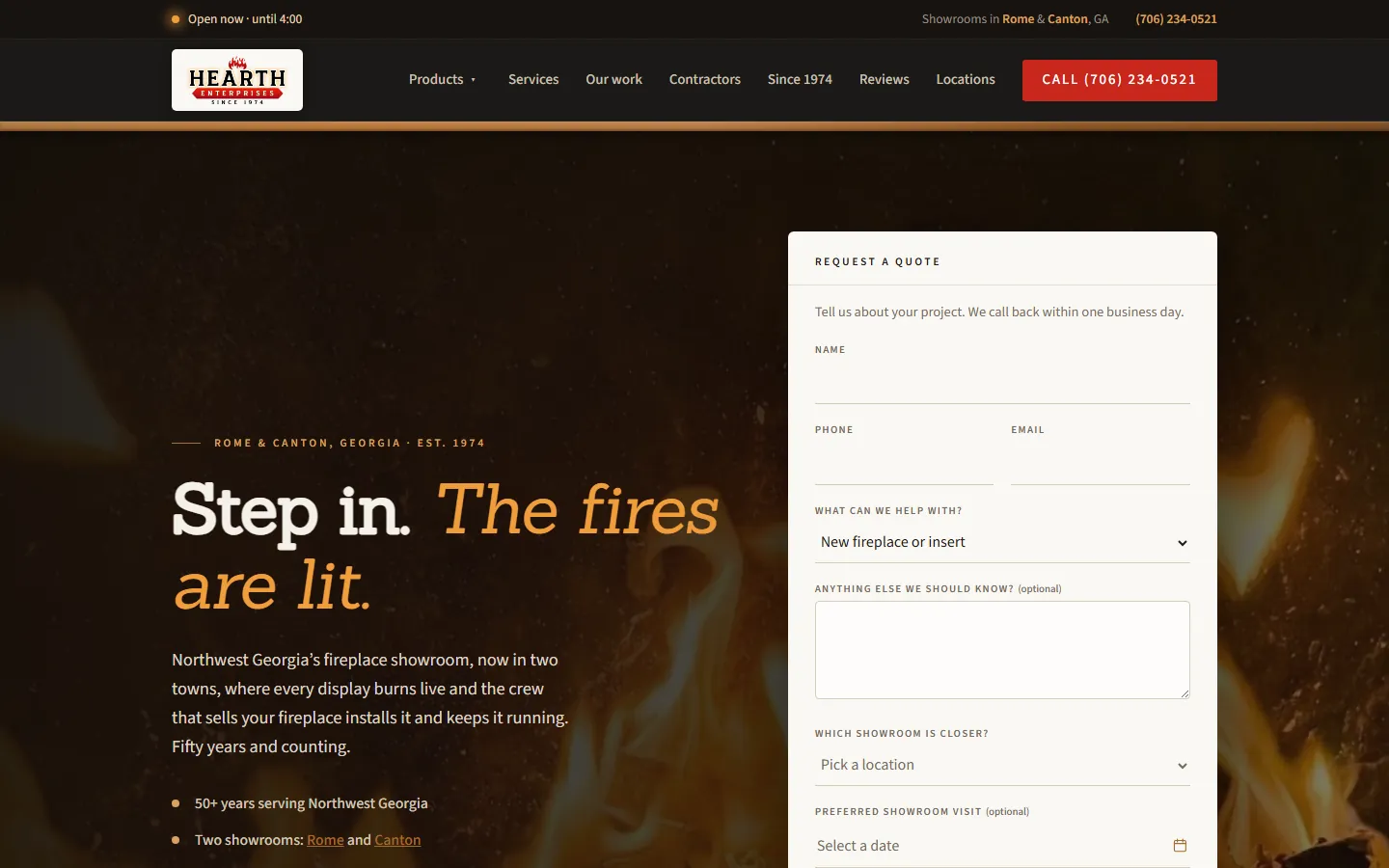 The Hearth Enterprises homepage: a full-width photograph of a live fire behind the headline "Step in, the fires are lit," with a request-a-quote form beside it.