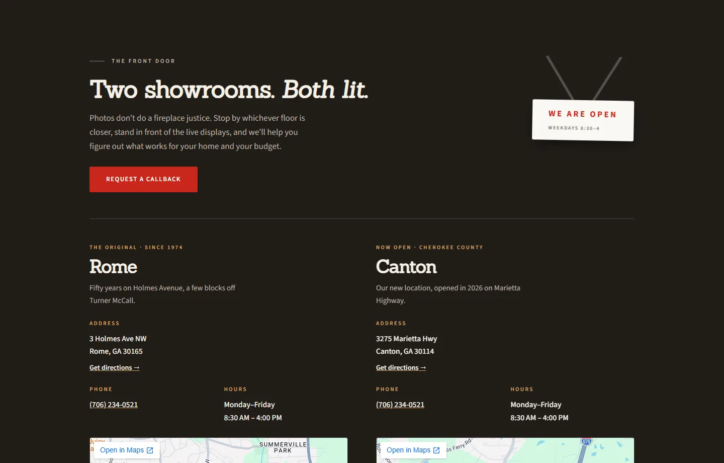 The two-showroom section of the site, headed "Two showrooms. Both lit," showing the Rome and Canton addresses, phone numbers and hours side by side.