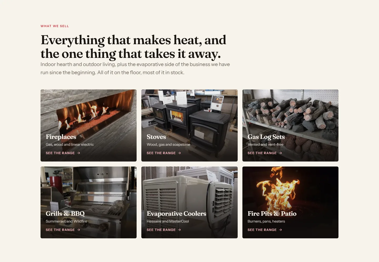 The what-we-sell section of the site, headed "Hearth, outdoor living and evaporative cooling," showing six category tiles photographed inside the Mesa store.