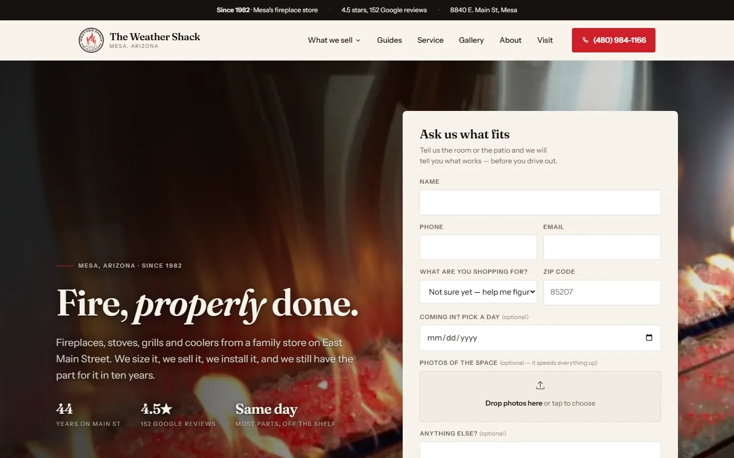 The Weather Shack homepage: a close-up photograph of a burning linear fireplace behind the headline "Fire, properly done," with an ask-us-what-fits quote form beside it.