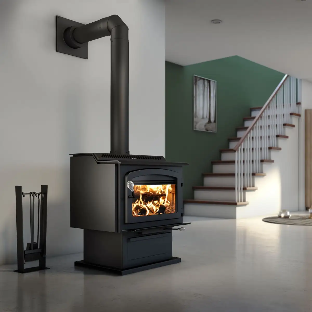 Modern freestanding wood stove with tall black flue pipe
