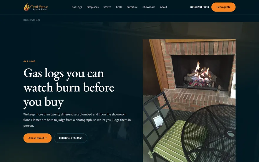 The Craft Stove and Patio gas logs page, headline Gas logs you can watch burn before you buy, over a lit set of logs.