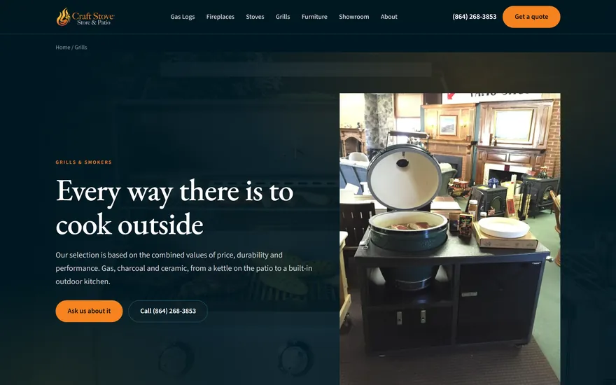 The Craft Stove and Patio grills page, headline Every way there is to cook outside, beside a photograph of their showroom floor with kamado grills and stoves on it.