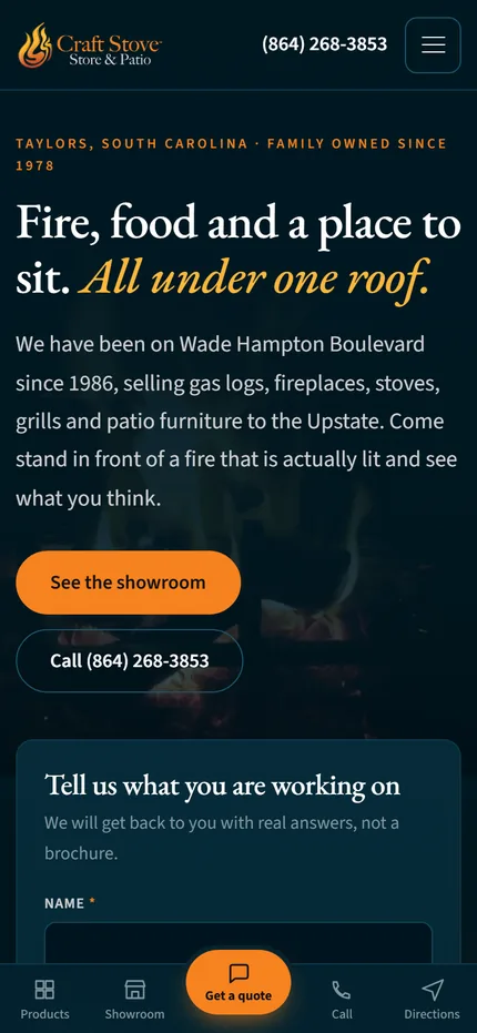 The Craft Stove and Patio homepage on a phone, headline Fire, food and a place to sit, all under one roof.