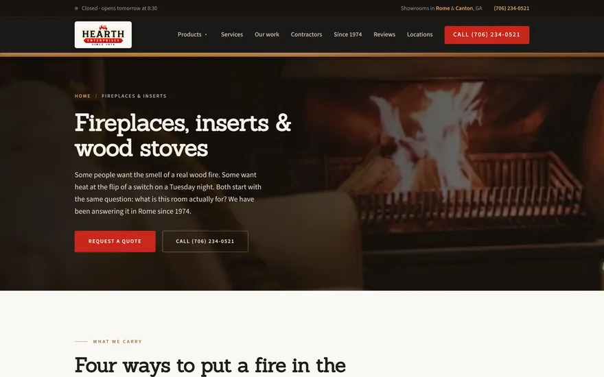 The Hearth Enterprises fireplaces page, headline Fireplaces, inserts and wood stoves, over a lit fireplace.