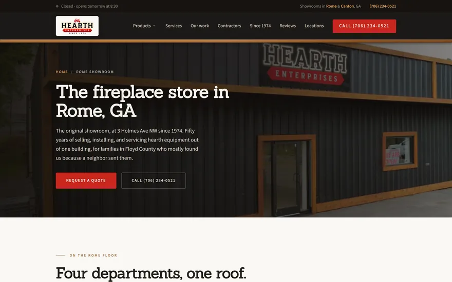 The Hearth Enterprises Rome page, headline The fireplace store in Rome, GA, over a photograph of the showroom's fireplace wall.