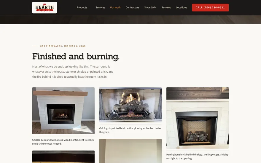 The Hearth Enterprises Our work page, headline Finished and burning, over photographs of installs with the surround described under each one.