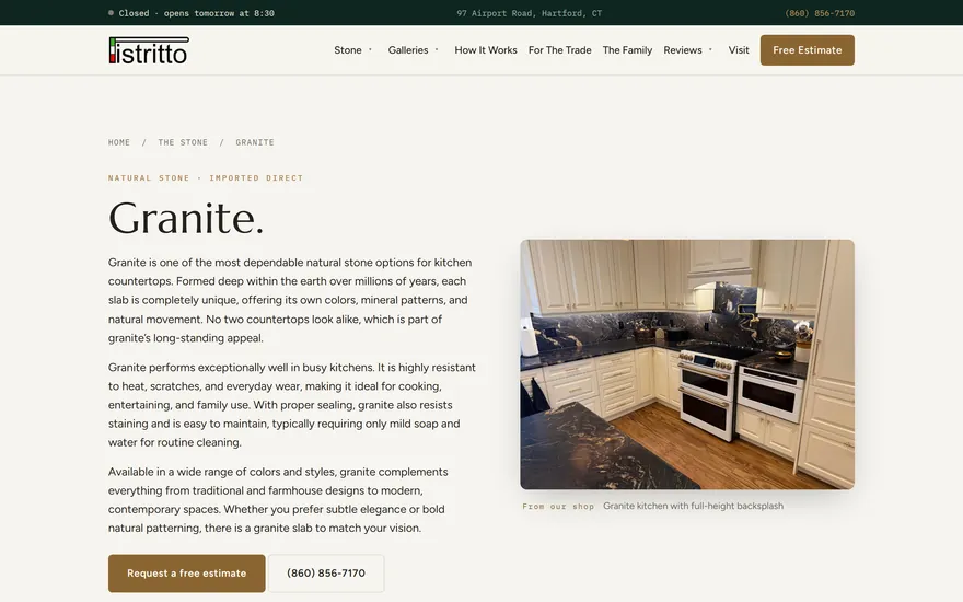 The Pistritto Marble granite page, a full page of original copy about granite beside a photograph of a finished granite counter.