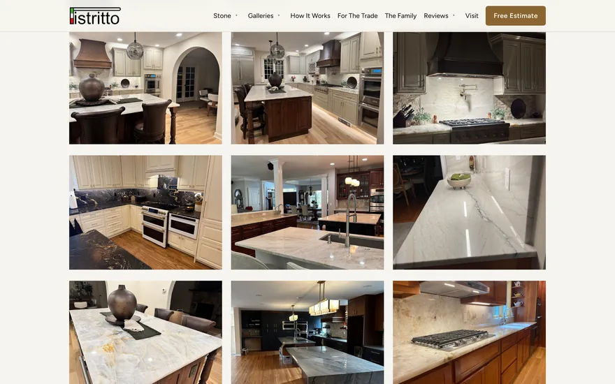The Pistritto Marble kitchen gallery, a grid of finished kitchen countertops cut from stone.