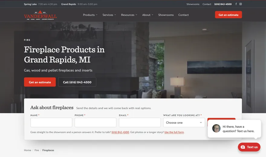The VanderWall Brothers page headed Fireplace Products in Grand Rapids, MI, with Get an estimate and Call buttons over a photograph of a lit fireplace in a living room.