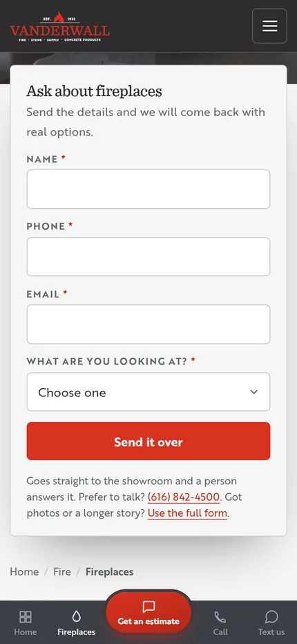 A VanderWall Brothers fireplace page on a phone, showing an Ask about fireplaces form with name, phone and email fields.