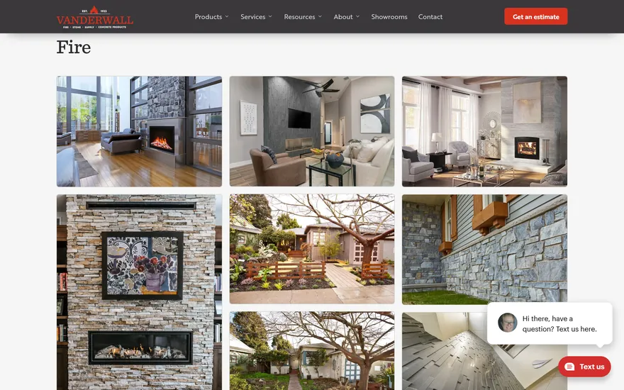 The VanderWall Brothers fire gallery, a grid of finished fireplace and stone installations photographed on their own jobs.