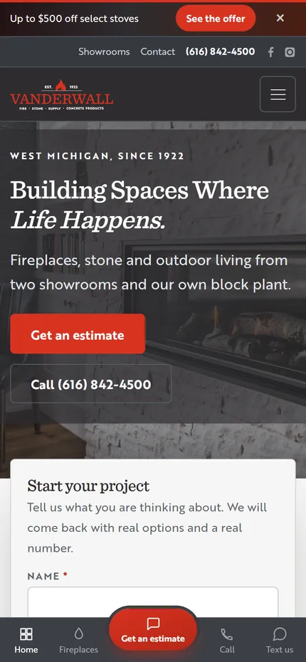 The VanderWall Brothers homepage on a phone, headline Building Spaces Where Life Happens, with a bottom tab bar and a raised centre button.