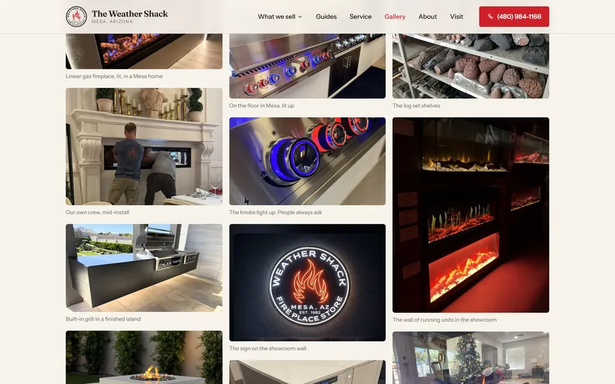 The Weather Shack gallery, a mosaic of installed fireplaces, stoves and outdoor kitchens photographed in customers' homes.