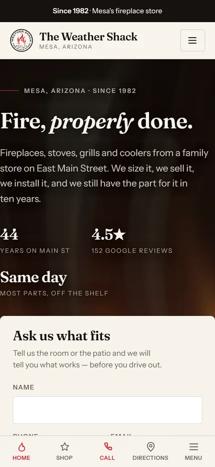 The Weather Shack homepage on a phone, headline Fire, properly done, with 44 years on Main St and a 4.5 star rating beneath it.